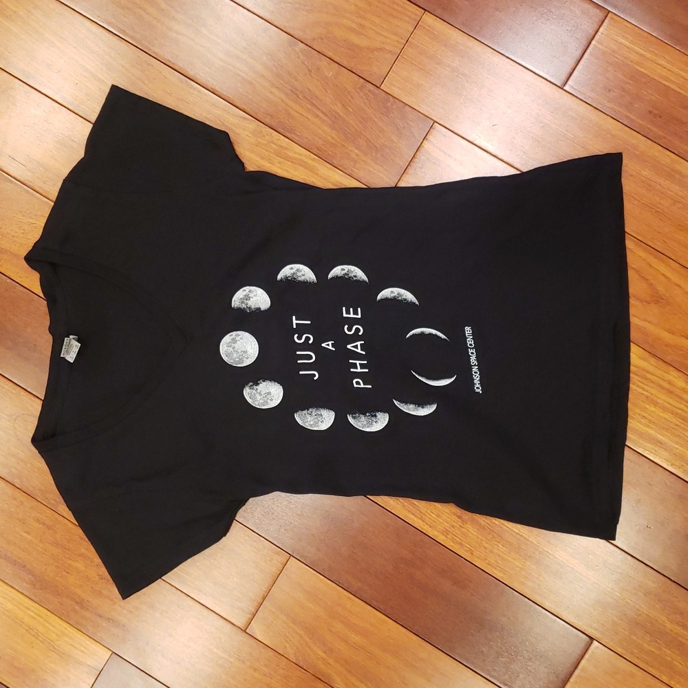 Just A Phase Johnson Space Center Moon phases t-shirt. Women's Small